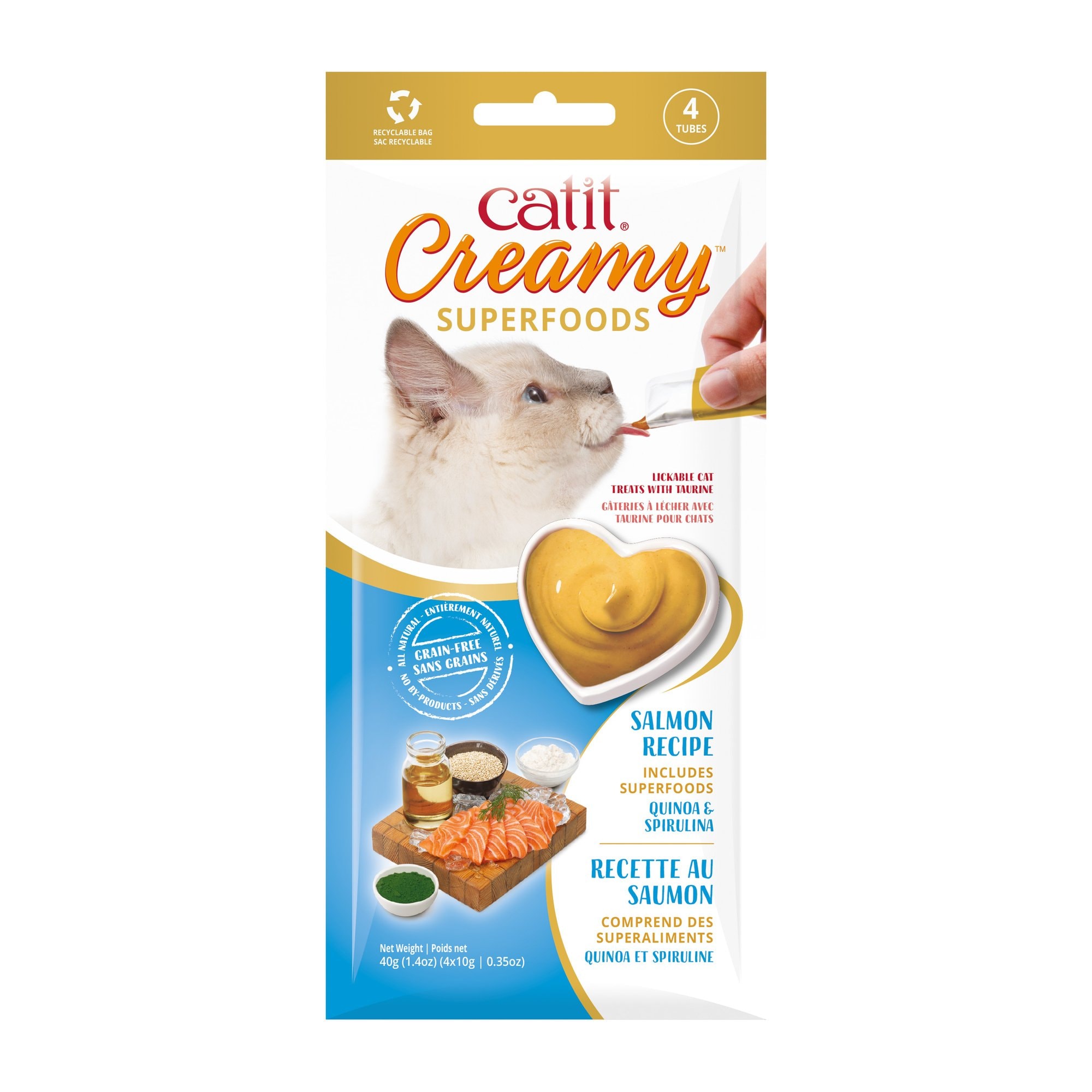 Catit Creamy Superfood Salmon Recipe with Quinoa & Spirulina Cat Lickable Treats, 0.35-oz tube, 4 count
