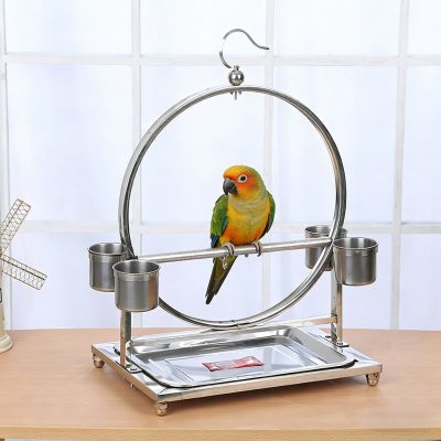 NonoPets Stainless Steel Desktop Circular Activity Stand with Diamond-Textured Perch, 4 Feeding Bowls & Removable Waste Tray Bird Play Gym