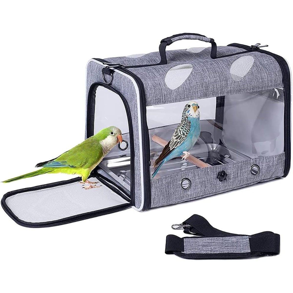 Halinfer Rectangle Bird Travel Carrier with Stand Perch & Metal Pan, 2-lb, Feathered Grey