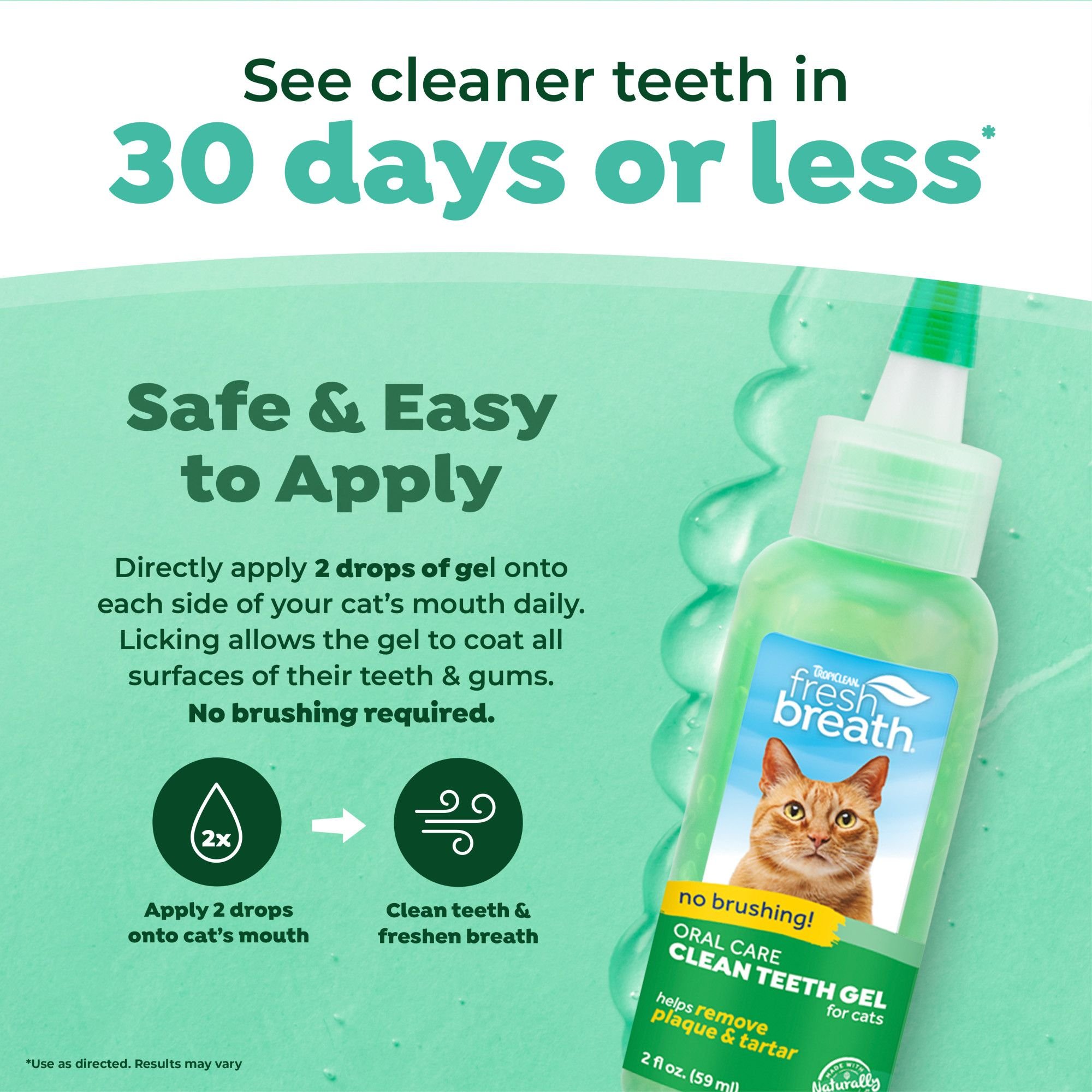 TropiClean Fresh Breath Oral Care Clean Teeth Plaque & Tartar Remover Cat Dental Gel, 2-fl oz bottle
