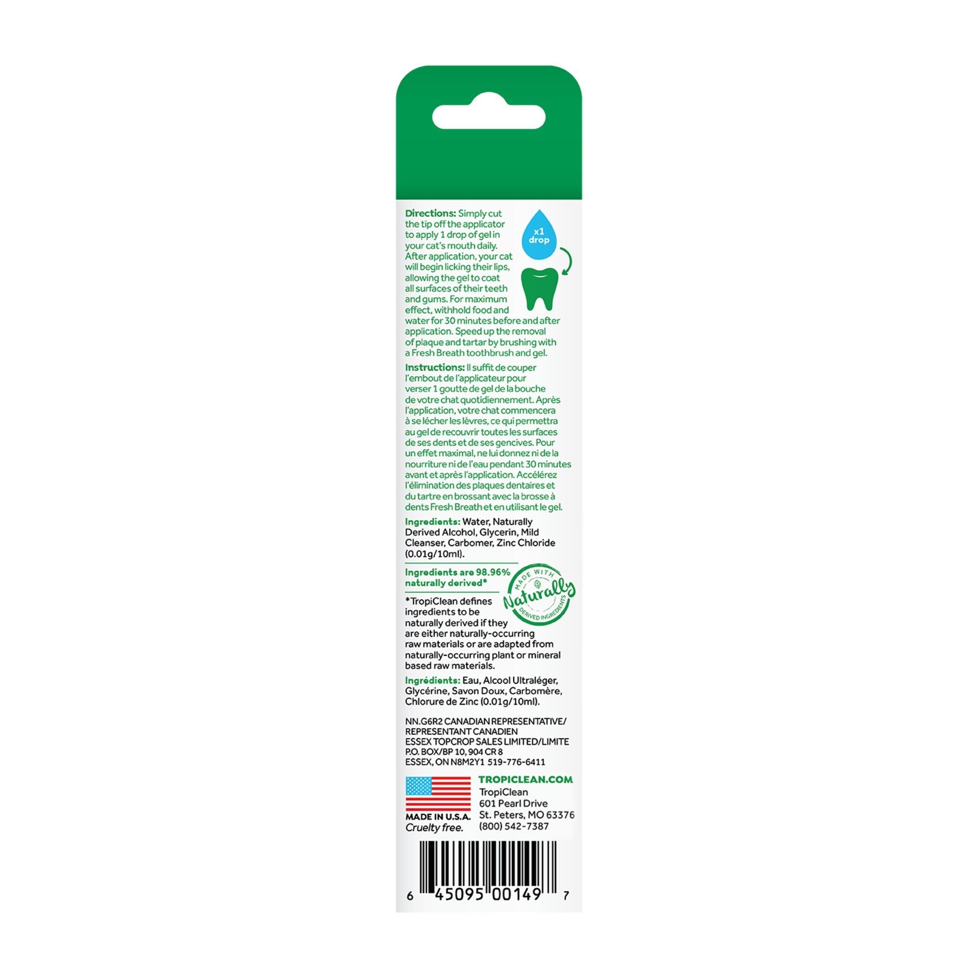 TropiClean Fresh Breath Oral Care Clean Teeth Plaque & Tartar Remover Cat Dental Gel, 2-fl oz bottle