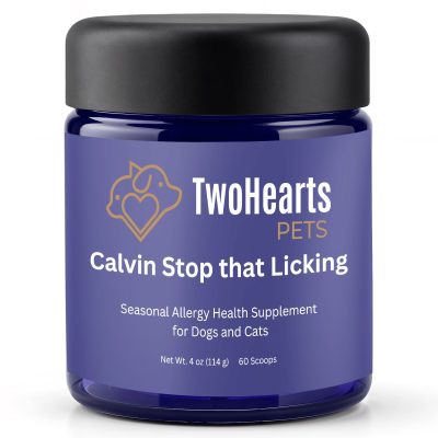 TwoHearts Pets Calvin’s Stop-That-Licking Allergy Relief Powdered Supplements for Dogs & Cats, 4-oz box, 60 count