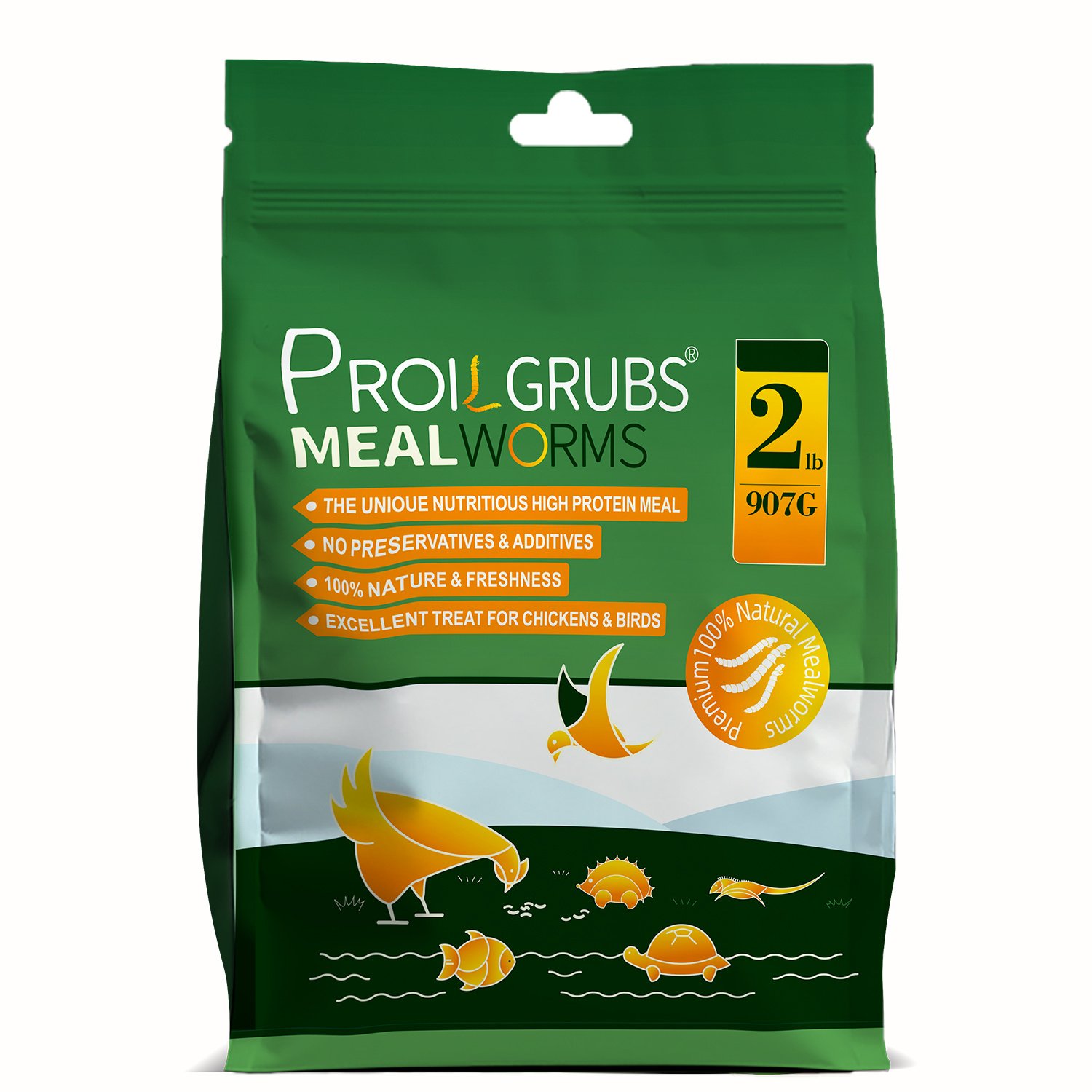 PROILGRUBS Pure Natural Dried Mealworms, Premium Poultry Feed High-Protein Grain-Free Dry Food Chicken Treats, 2-lb bag