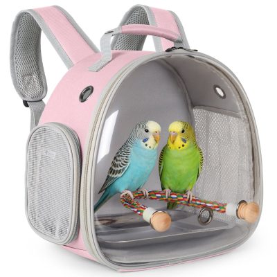 Halinfer Clear Space Capsule Bubble Window Cockatiel Backpack Carrier with Standing Perch & Metal Tray, 2-lb bag, Pink