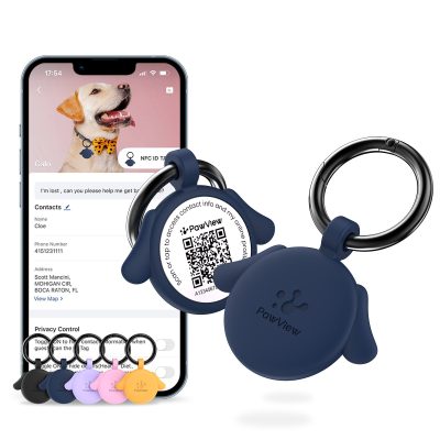 Pawview NFC & QR Code Silent Silicone Dog Shape Personalized Smart ID Tag, Blue