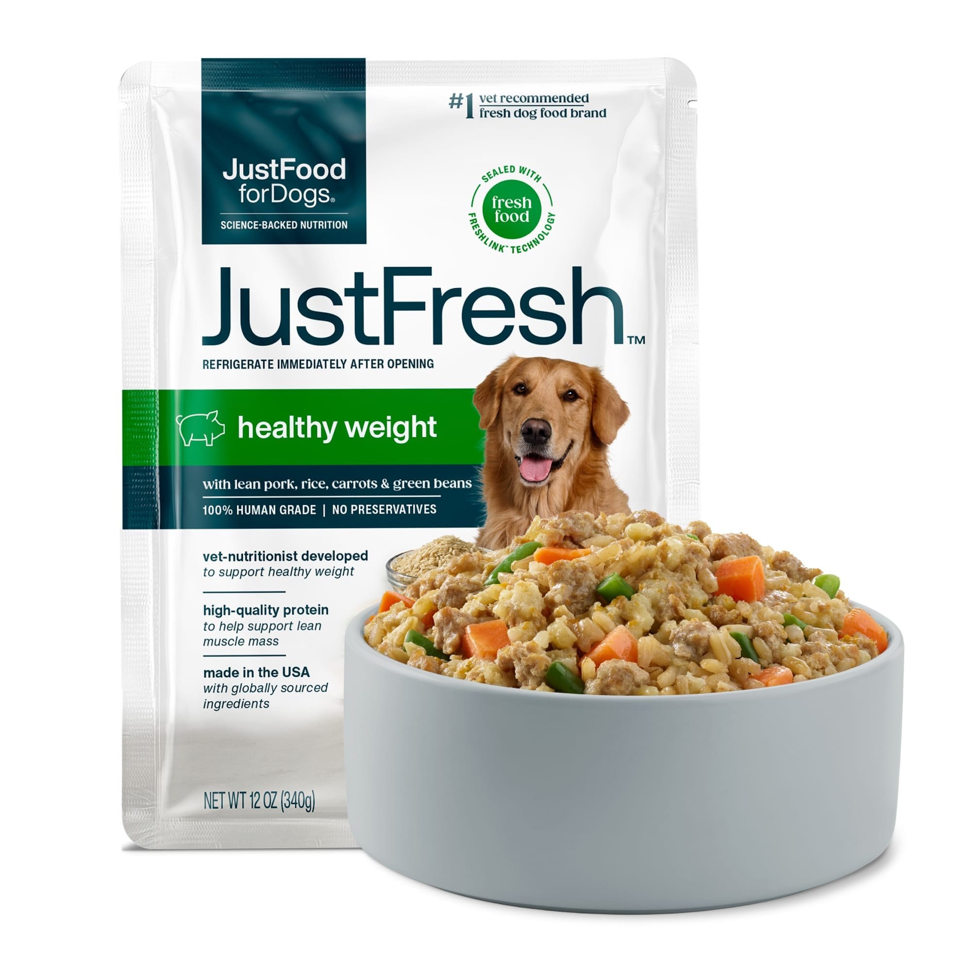 JustFoodForDogs JustFresh Shelf Stable Human Grade Healthy Weight Dog Food, 12-oz pouch, case of 7