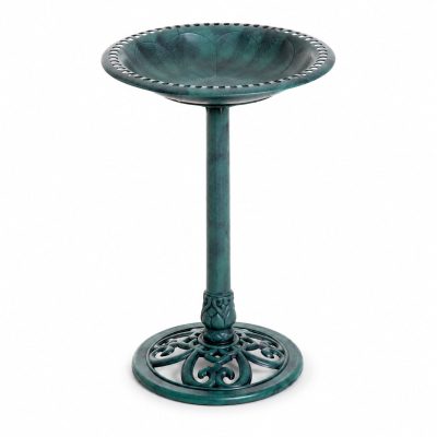 Little Pals 28-in Outdoor Resin Polypropylene Bird Bath with Pedestal, Antique Verdigris Garden Birdbath with Fleur-de-Lis Base & Ground Stakes, Green, 4.7-lb