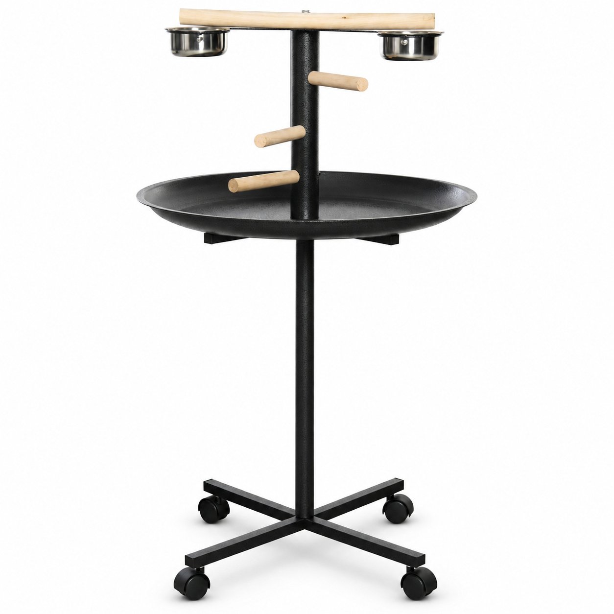 Little Pals Stainless Steel Bowls Rolling Bird Stand with Wheels, Perch, Feeder Station & 23.5-in Round Tray, Black, 7.1-lb