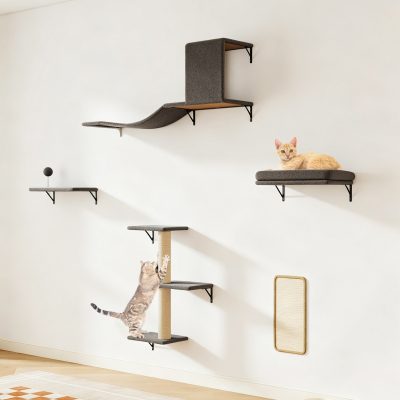 Coziwow 5-Piece Wall-Mounted Cat Wall Shelves Set, Furniture with Cat Tree & Scratching Post, Floating Perches for Indoor Cats, Grey