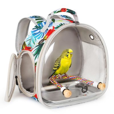 WEVONIGU Breathable Mesh, Standing Perch & Easy-Clean Tray Clear View Travel Backpack Bird Carrier, Floral, 10-lb bag