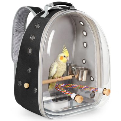 Halinfer Clear Window Ventilated Wooden Rope Perch Travel Backpack Bird Carrier, 3-lb bag, Black