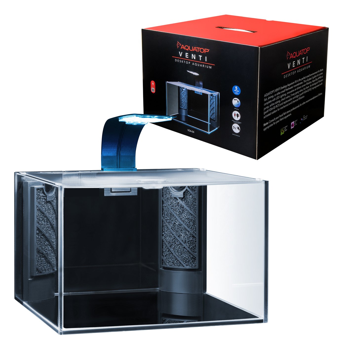 Aquatop Venti Glass Aquarium Kit with LED Light, Breza Air Pump & Filter Cartridge, Black/Clear, 5-gal