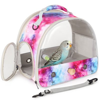 LAIRIES Portable Cage with Stand Perch Parakeet Budgies Cockatiel Conure Outdoor, Front Clear Parrot Carrier, Large, Pink
