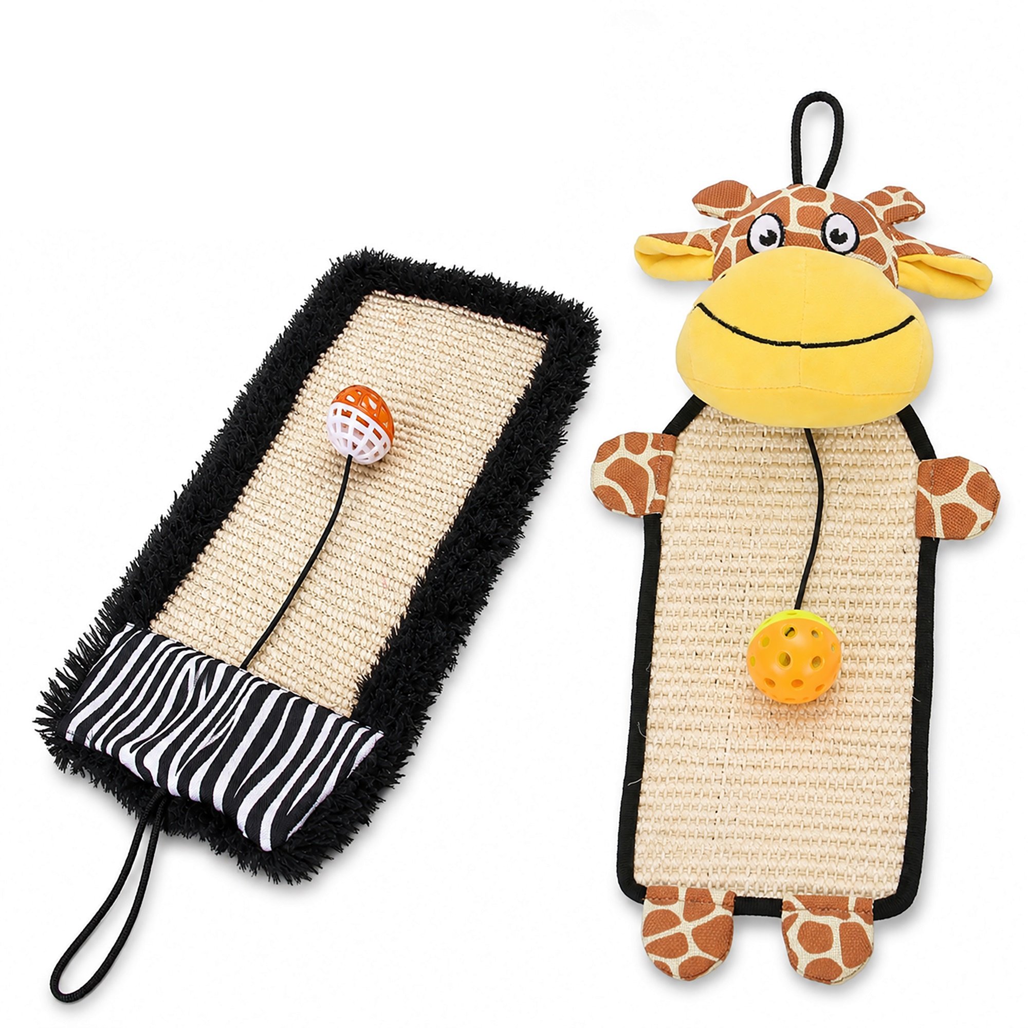 Pet Life 2-Piece Hanging Carpet Variety Pack Scratcher Lounger & Plush Cat Toy Set, Black/Brown