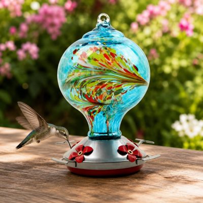 NonoPets Hummingbird Multiple Feeding Ports, Perches, Cleaning Brush, Hanging Hooks Decorative Glass Bird Feeder, 13-oz, Blue