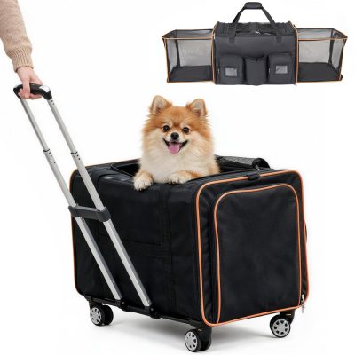 Yafylly Rolling Expandable Foldable Travel Cat Carrier, Black, 24-in
