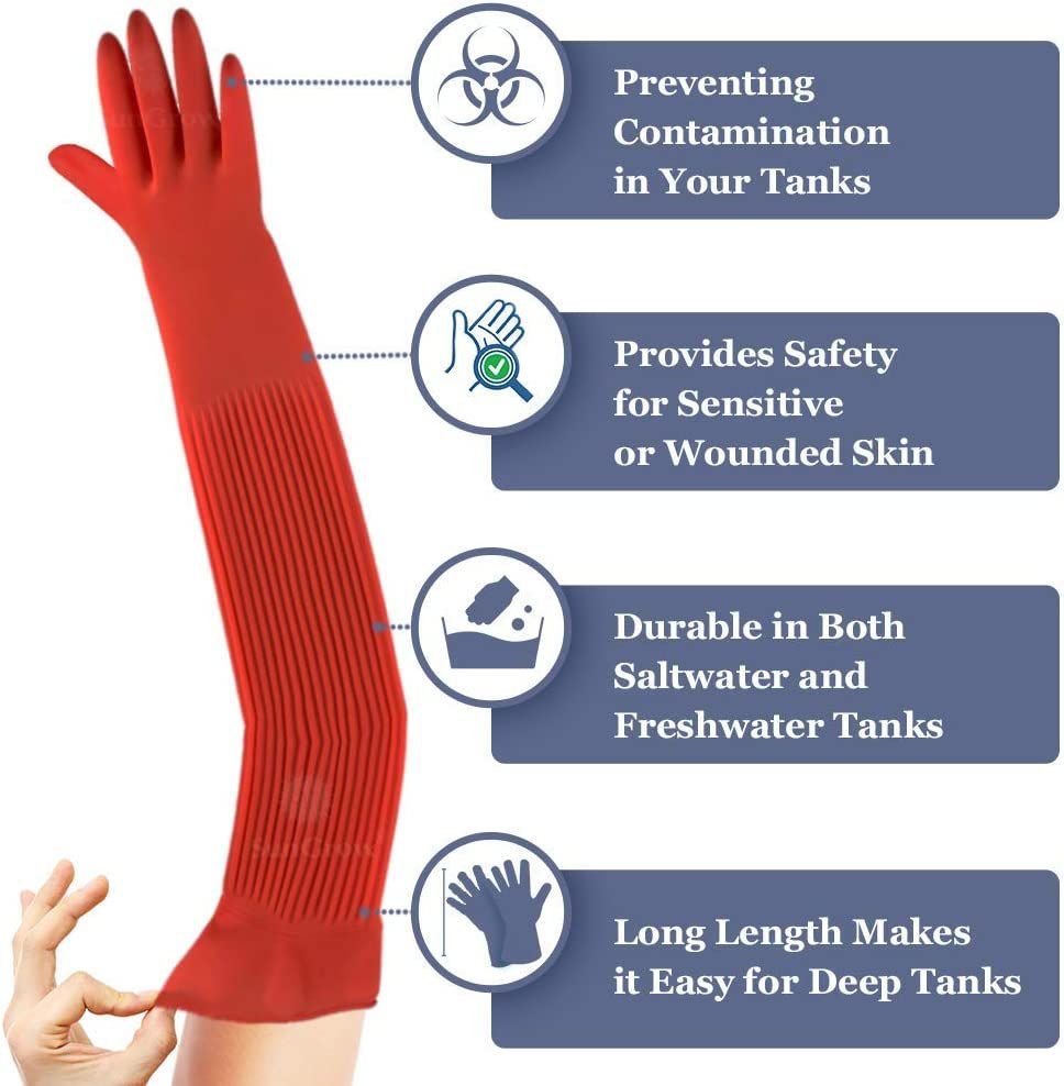 SunGrow Long Rubber Betta Aquarium Gloves Fish Tank Maintenance Accessories, 22-in, 1 pair