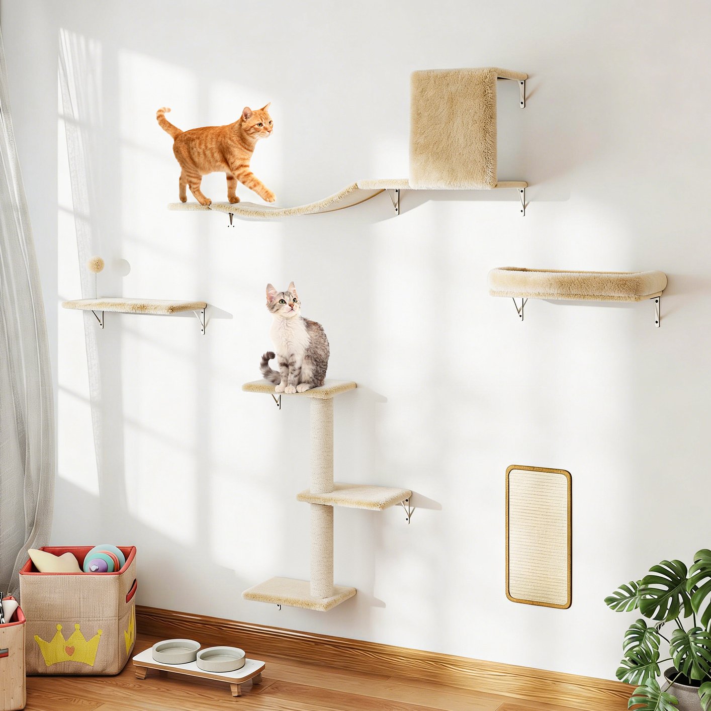 Coziwow Wall Mounted Shelves Set Cat Tree, Beige, 5-Pack