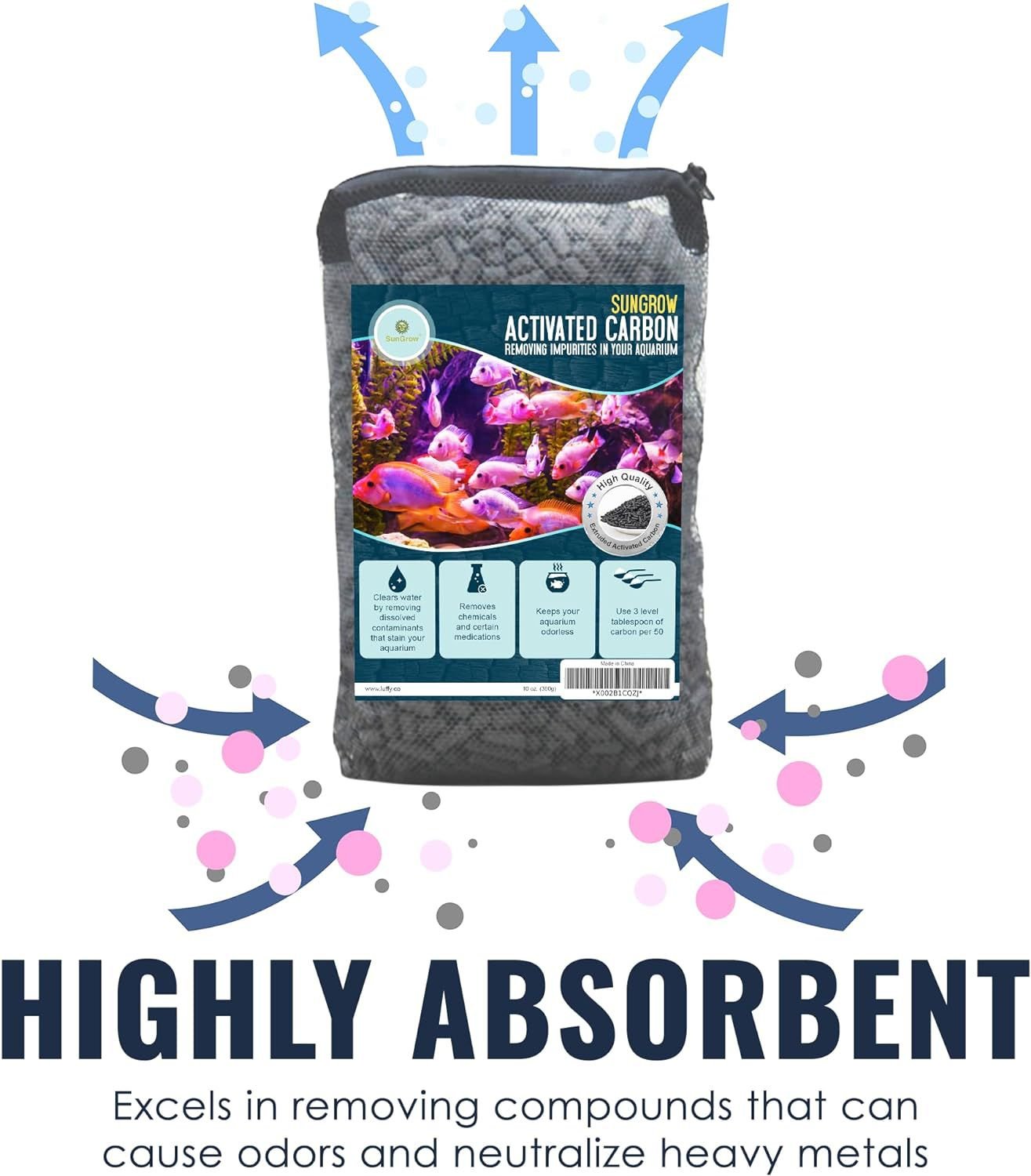 SunGrow Activated Carbon Charcoal Pellets Aquarium Filtration, Cat Litter Box & Water Fountain Deodorizer Filter Media, 10-oz