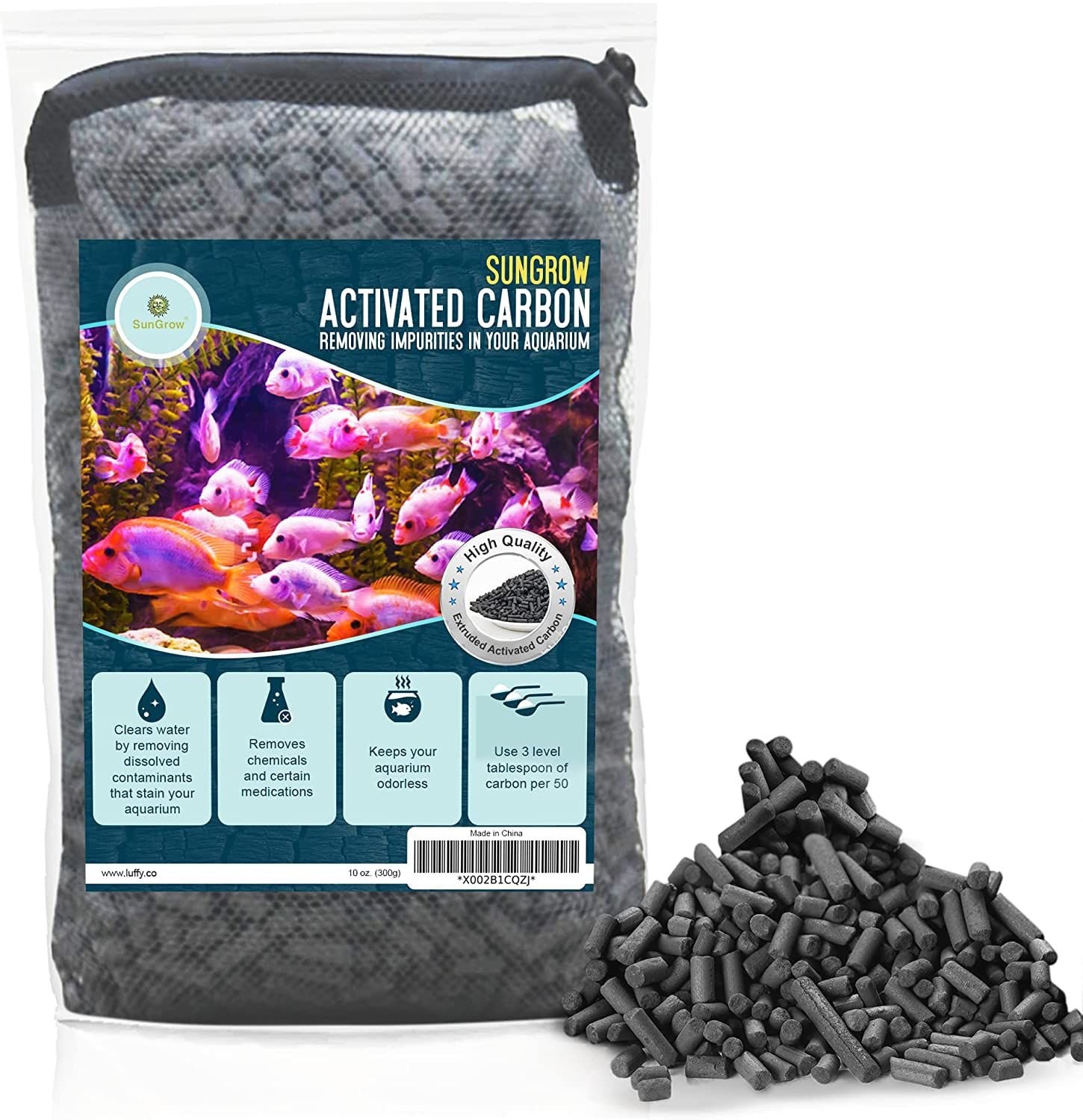 SunGrow Activated Carbon Charcoal Pellets Aquarium Filtration, Cat Litter Box & Water Fountain Deodorizer Filter Media, 10-oz