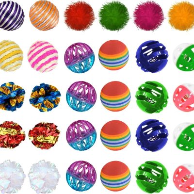 SunGrow Indoor Interactive Play Line Bouncy Style Cat Ball Toy, Color Varies, 30 count