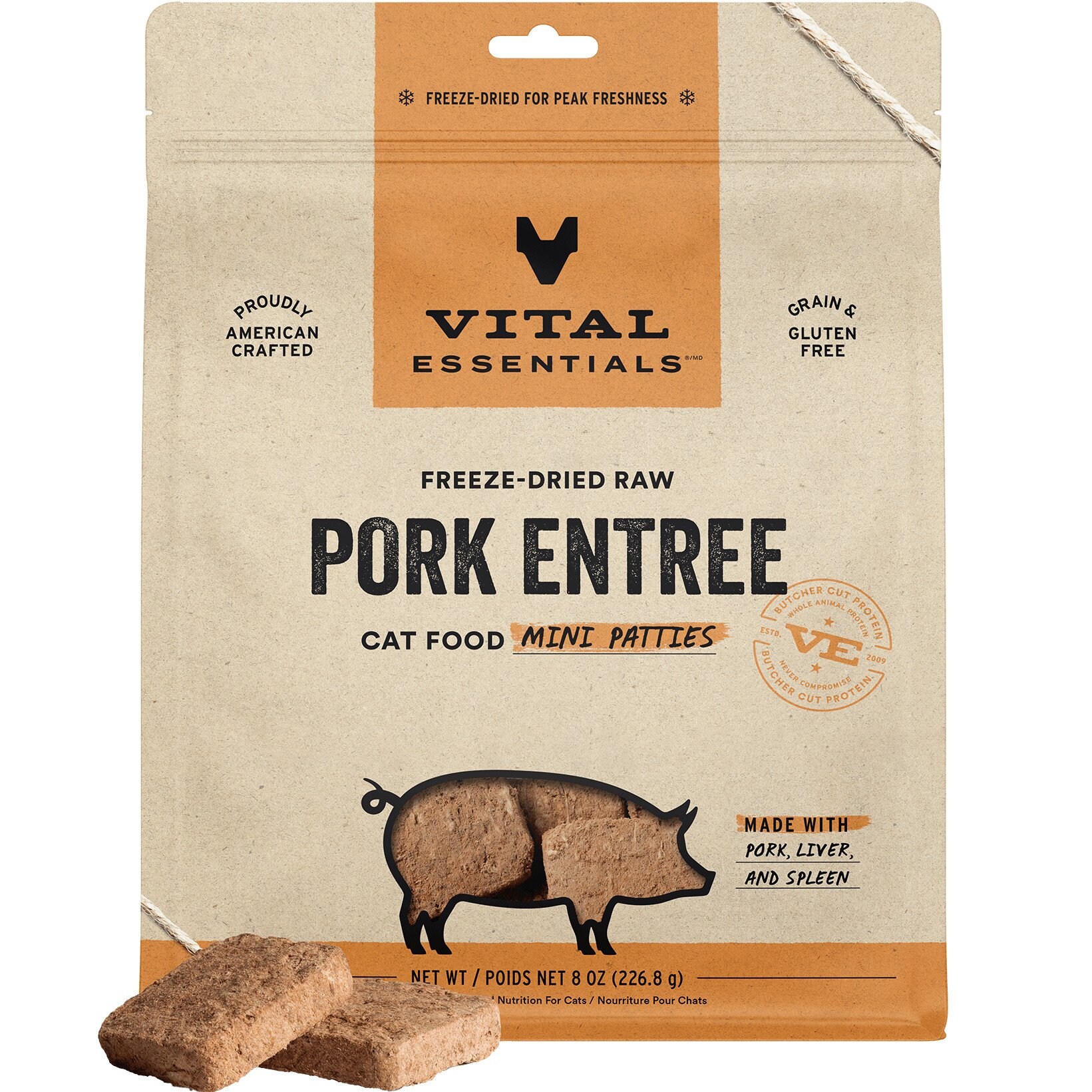 Vital Essentials Mini Patties Raw Pork Entree Freeze-Dried Cat Food, 8-oz bag